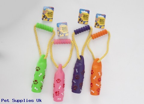 4ASST COL VINYL SQUEAKY BOTTLE  ON COTTON ROPE W/HANGING CARD